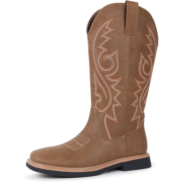 Women's Brown Embroidered Square Toe Side Zipper Western Mid Calf Dress Boots - Picture 6 of 6